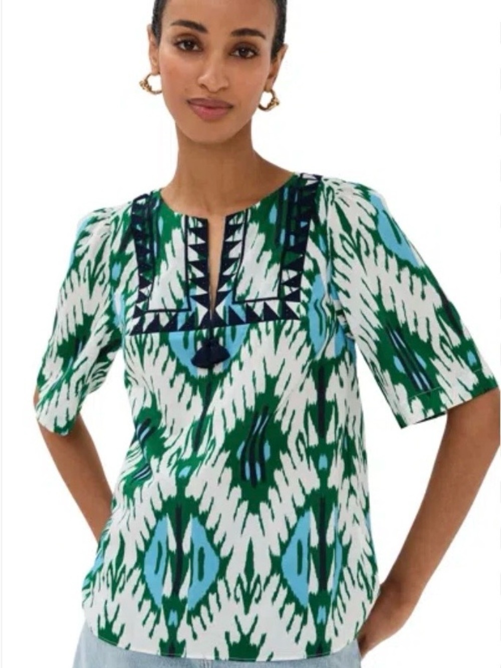 FIGUE Ikat Print Embellished Tassel Tunic Blouse Top Blue Green Boho Resort M